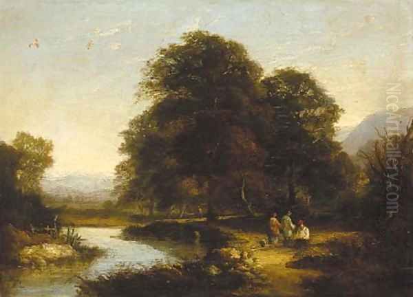 Figures by a river in a wooded landscape - view 1