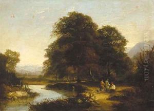 Figures by a river in a wooded landscape by William Traies