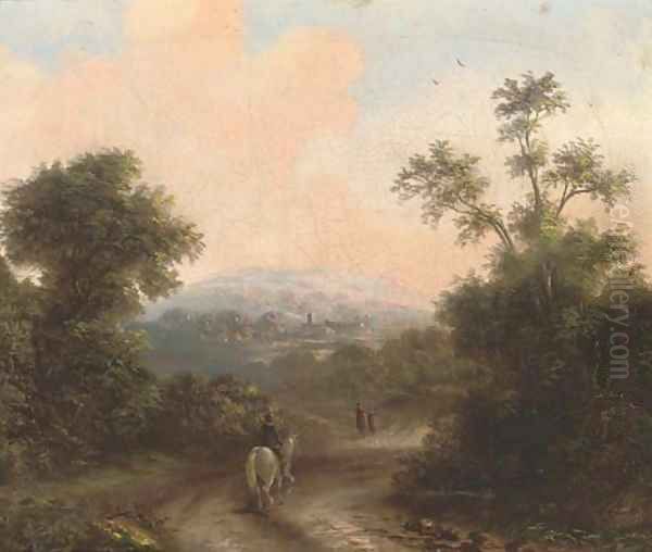 Travellers on a wooded track - view 1