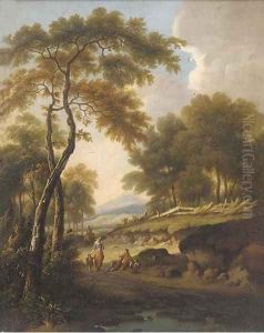 Figures on a path in a wooded landscape by William Traies