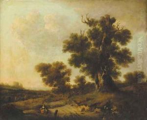 Figures resting under a tree in an extensive landscape by William Traies
