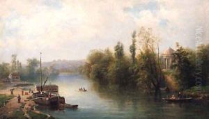 A Barge Moored By A River Bank, A Temple Beyond by Claude Sebastien Hugard De La Tour