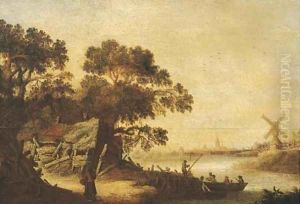 A wooded river landscape with figures at a landing stage by a farmhouse, a village beyond by Cornelis Tegelberg