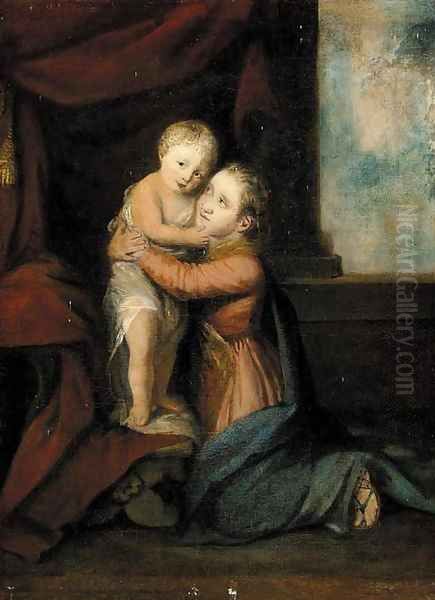 Portrait of Frances Johnson, full length, kneeling in a red dress with blue rap, clasping her infant cousin Master Gwatkin - view 1