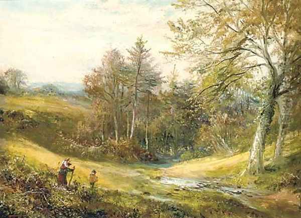 Figures near a stream, with a woodland beyond - view 1