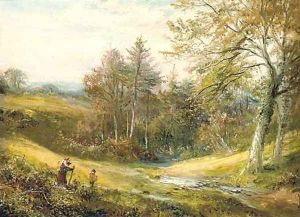 Figures near a stream, with a woodland beyond