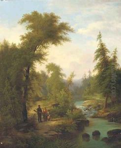 A family on a riverbank in a wooded landscape