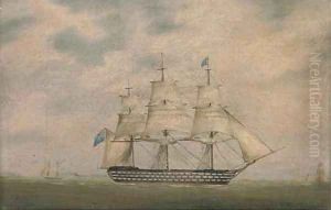 A Royal Naval three-decker in coastal waters; and A Royal Naval two-decker offshore by Lieutenant Robert Strickland Thomas