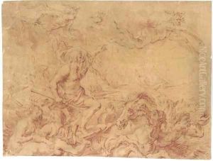 Neptune commanding the Winds, attended by tritons and nereids, a fleet beyond, after Rubens by Theodor Van Thulden