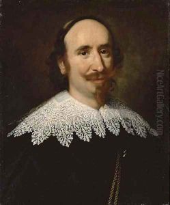 Portrait of a gentleman, bust-length, wearing a black doublet with a lace collar by Tiberio Tinelli