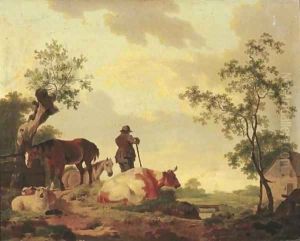 A landscape with a shepherd overlooking a river, a cow, sheep and horses nearby by Barend Hendrik Thier