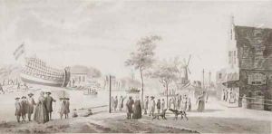 The harbour of Medemblik with an elegant company watching a ship being launched