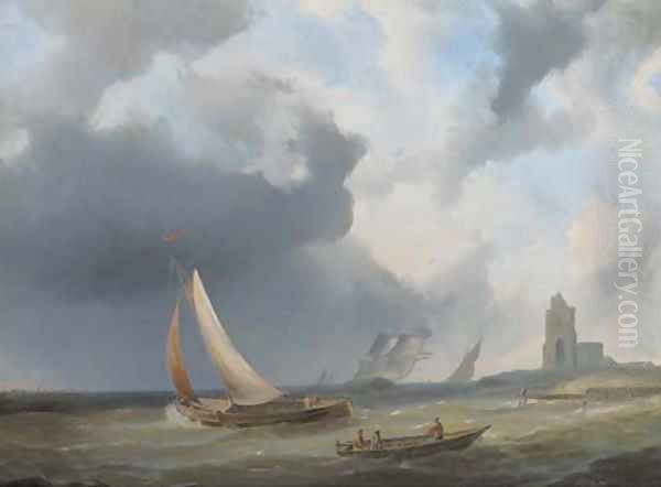 Sailingvessels on choppy water by a coast - view 1