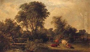 A Wooded River Landscape, With A Gentleman On A Footbridge And Cattle In The Foreground by John F Tennant