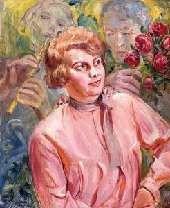 Portret Damy Z Zalotnikami by Wincenty Wodzinowski