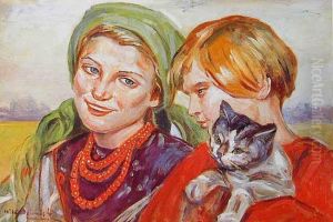Dziewczynki Z Kotkiem by Wincenty Wodzinowski
