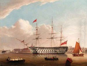 H.M.S. Victory at her permanent Mooring in Portsmouth Harbour by Robert Strickland Thomas