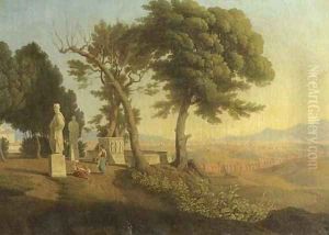 Women conversing in a classical garden, an Italianate landscape beyond