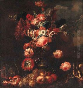 Parrot tulips, roses, carnations, pansies and other flowers in a vase by Frans Werner Von Tamm