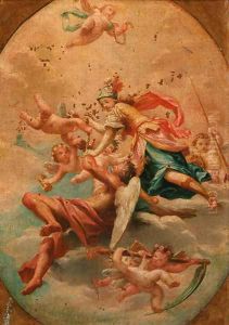 The Triumph of Minerva, in a painted oval, the corners made up