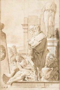 Des hommes assis ou debout, certains en costume oriental, devant une statue sans tete by Giovanni Battista Tiepolo