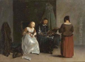 A jewellery seller in an interior by Gillis van Tilborgh