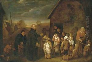 A clergyman visiting a village school by Gillis van Tilborgh