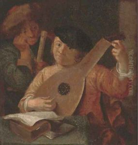 A lute player and a flute player in an interior by Hendrick Terbrugghen