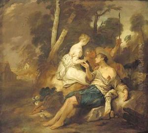 A wooded landscape with figures resting before a tree by Jean Francois de Troy