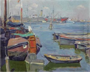 Boats In A Busy Harbour by Hendrik Jan Wolter
