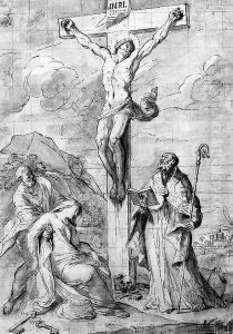 The Crucifixion, with the Virgin swooning into the arms of Saint Peter, and a Bishop Saint