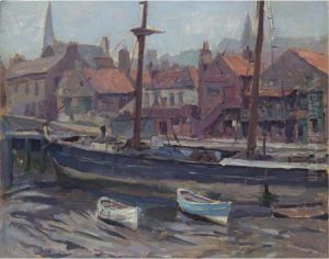 Moored Boats Near A Village by Hendrik Jan Wolter