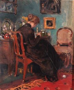A Knitting Lady In An Interior by Hendrik Jan Wolter