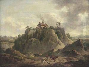 A drover and his cattle on a country road, a house on a hill top beyond