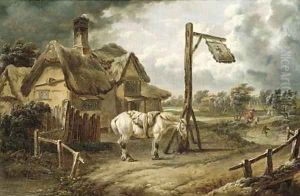 A horse tethered before an inn on a blustery day A horse tethered before an inn on a blustery day