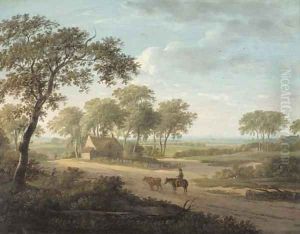 A drover on a path by a cottage in an extensive landscape by Charles Towne