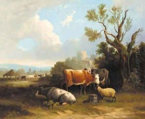 Cattle and sheep resting in a landscape, a castle beyond by Charles Towne