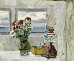 Flowers And Lamp In A Cornish Window Flowers And Lamp In A Cornish Window