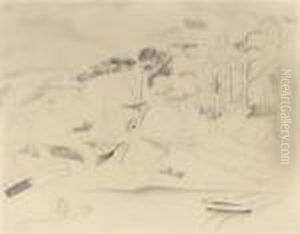 Trees And Boats By The Coast, St Feock, Cornwall by Christopher Wood