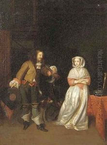 A huntsman with an elegant lady in an interior by Gerard Terborch
