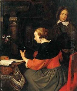 A lady making music with a youth in an interior by Gerard Terborch