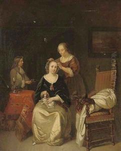 An elegant lady seated at her table with a dog on her lap, a maid tying ribbons in her hair