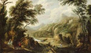 Mounted travellers and peasants in an extensive wooded landscape by Johannes Tilens