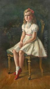 A Portrait Of A Young Girl In White Dress With Pink Trim Seated On A Chair by Frank Watson Wood