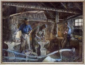 Three Blacksmiths Working At A Forge by Frank Watson Wood