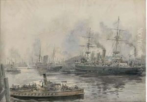 Shipping In A Busy Harbour by Frank Watson Wood