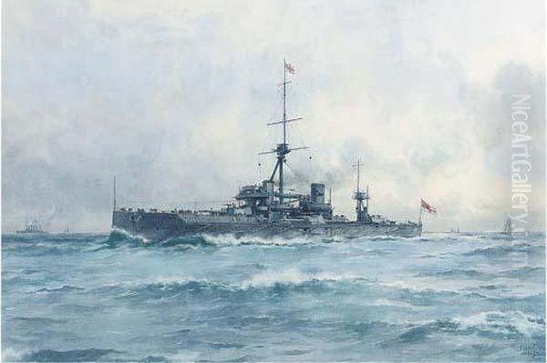 A Royal Naval Battleship At Sea, Probably The Original Dreadnought - view 1
