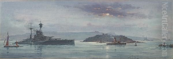H.m.s. 'resolution' Heading Down Plymouth Sound Towards The Open Sea - view 1