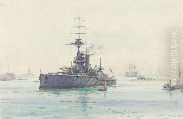 'h.m.s. King George V' At 
Portsmouth, 1914; The Home Port 'h.m.s. Tiger'; 'h.m.s. Ajax' 1914; 
Battle Ships And Tugboats By Moonlight - view 1