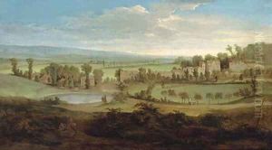 Figures in an extensive landscape with a country house in the distance by Peter Tillemans